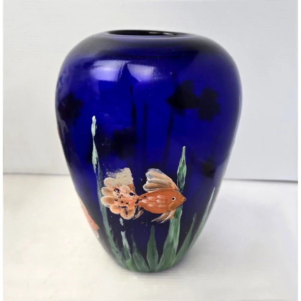 Cobalt Blue Art Glass Vase Hand Painted Koi Goldfish Aquatic Plants 8